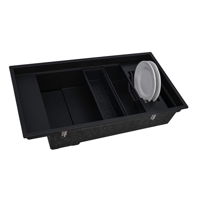 Ruvati 18 x 34 inch Granite Composite Workstation Kitchen Sink Dual Mount Single Bowl, Black