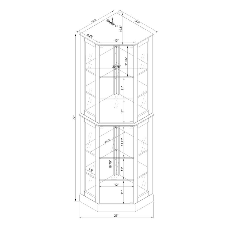 Vitrine de coin à 6 tablettes avec miroirs et tablettes réglables (ampoule E26 non incluse), Noyer