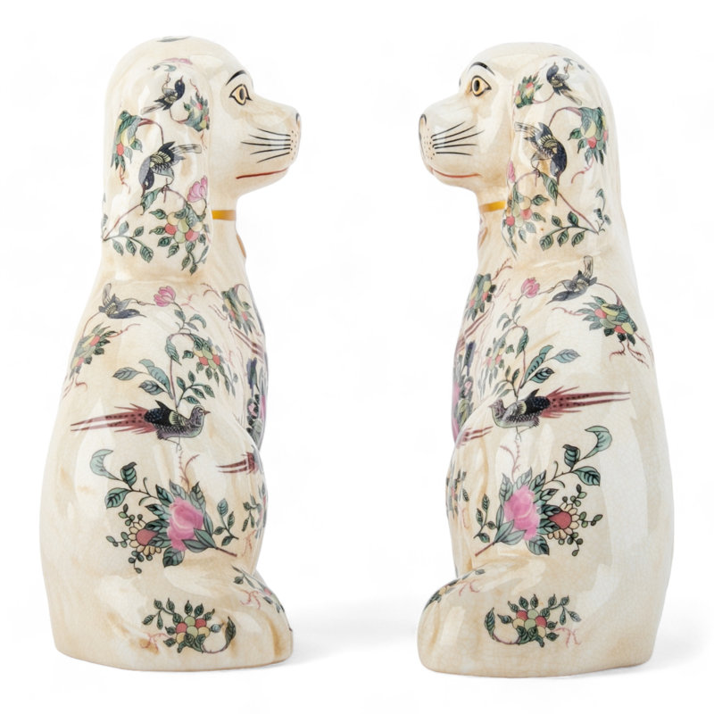 Porcelain Staffordshire Dog Figurines Pair, White floral