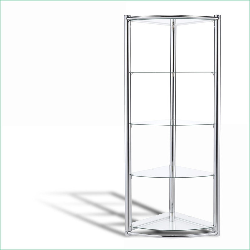 Étagère triangulaire, 5 tablettes en verre trempé, structure chromée | Moderne | Chrome, verre