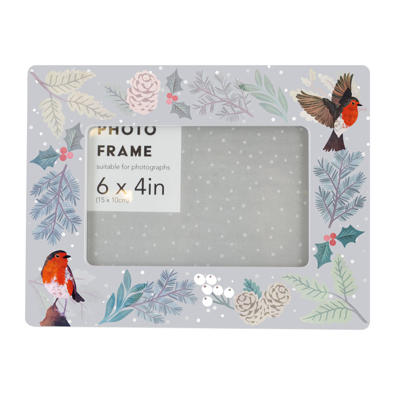 Festive Robin Scene Christmas Holly Ceramic Single Picture Frame in White