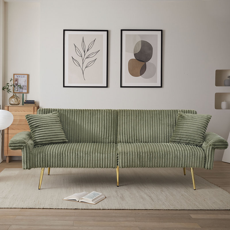 Modren Corduroy Upholstered Convertible Futon Sofa Bed with Gold Metal Legs, Green Corduroy