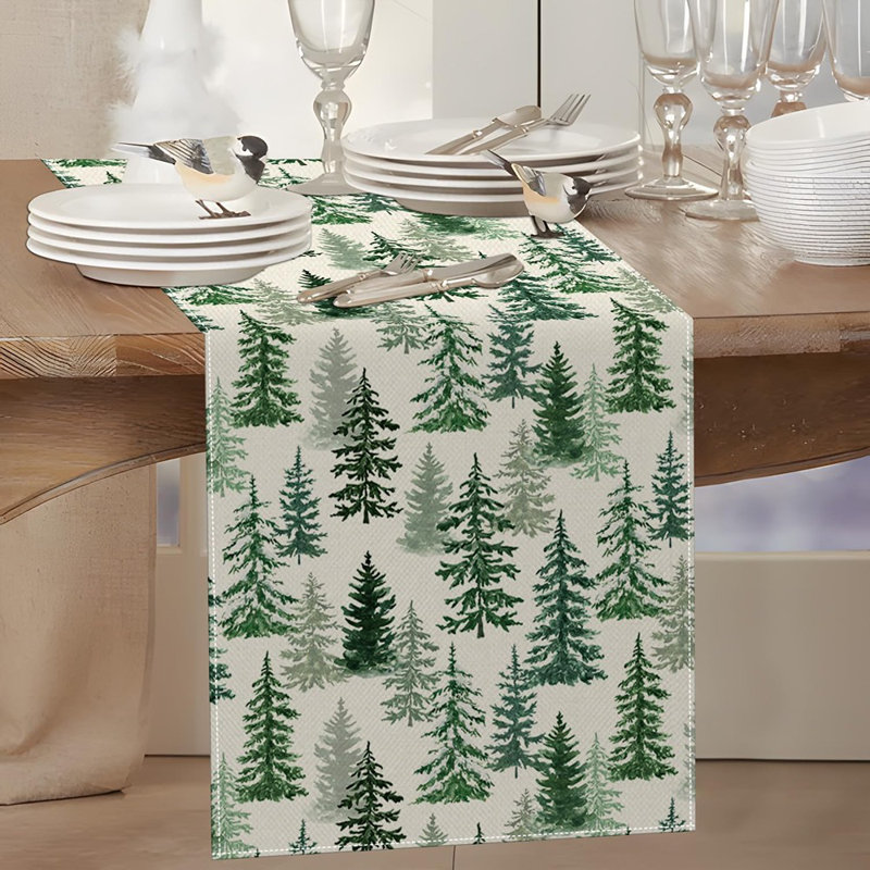Christmas Winter Table Runner 13X72 Inch, Merry Christmas Green Pine Trees Table Decors For Seasonal Xmas Holiday Farmhouse Home Kitchen Dining Party