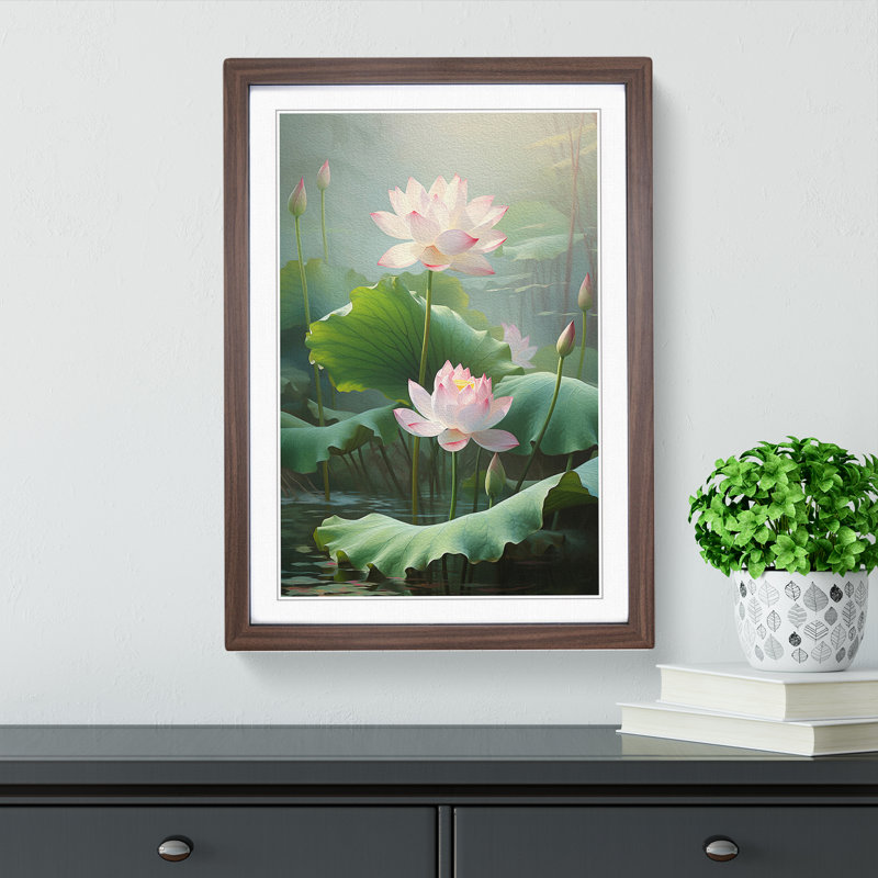XYZ-FRM-V1223-4325 Lotus Flower Classicism No.2 - Single Picture Frame Print on Wood, 34cm H x 25cm W x 2cm D, Walnut