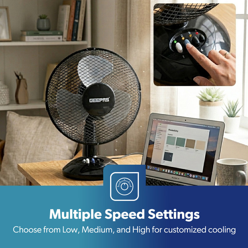 GEEPAS 9" Table Fan | Electric Portable Worktop Desk Fan with 2 Speeds 3 Blades, Adjustable Tilt Wide Angled Oscillation | Powerful Low Noise Airflow for Home Office | 1 Year Warranty, 22W