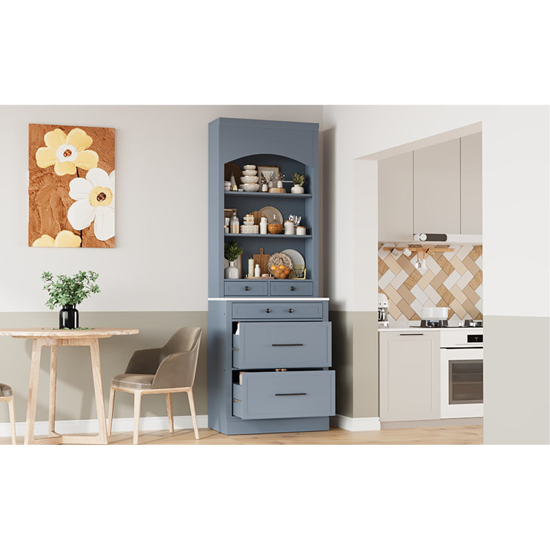 Modern 83.7Inch High Kitchen Pantry, Freestanding Tall Kitchen Hutch With Faux Marble Top, Display Cupboard Cabinet With 5 Storage Drawers And Adjustable Shelf, Gray