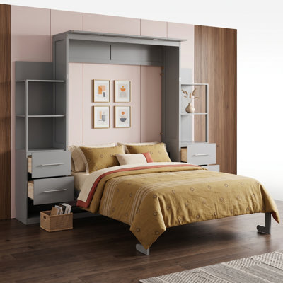 Lit escamotable en bois avec tiroirs intégrés, tablettes et éclairage DEL