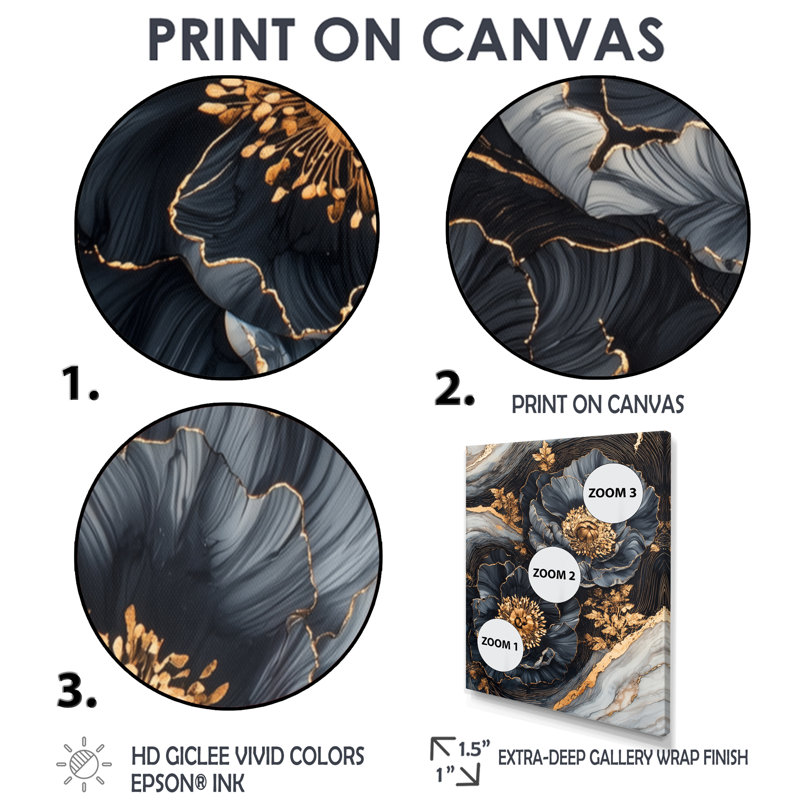 Myaseen - Floral Wall Art Prints, H 20 po x l 12 po, Reproduction encadrée d'une seule photo, Noir, noir, noir, noir