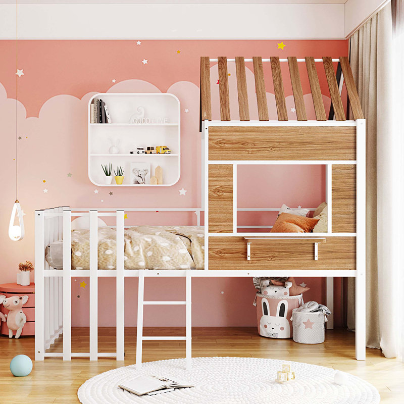 Metal Twin size Loft Bed with Roof, Window, Guardrail, Ladder, White