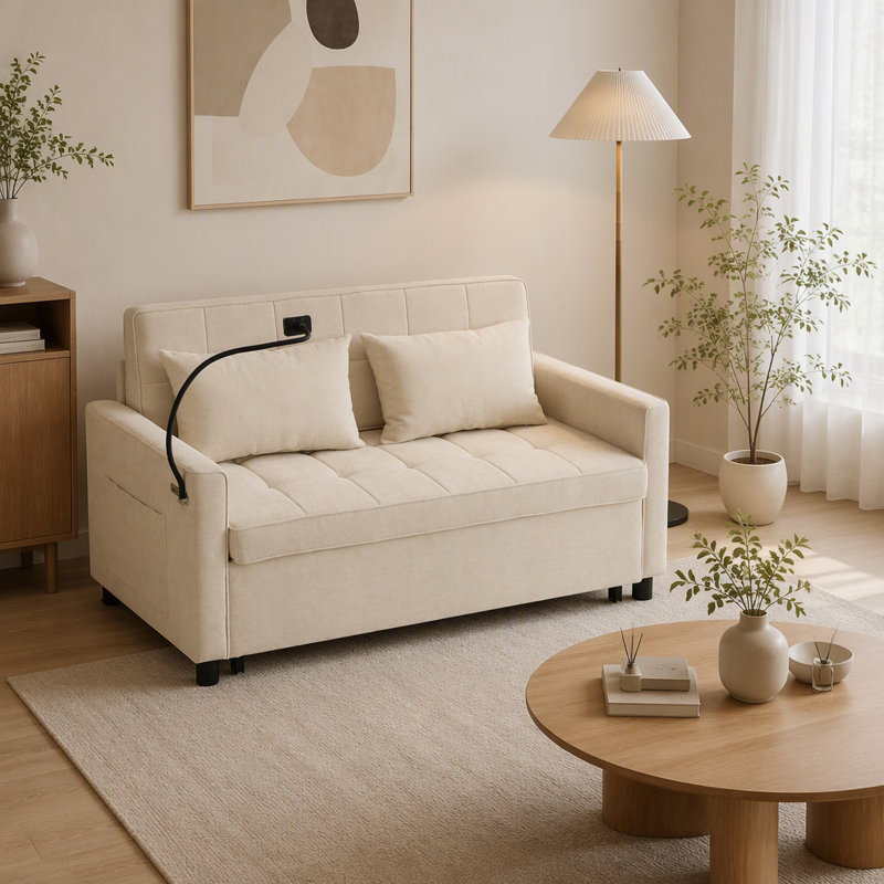 Canapé-lit escamotable avec coussin de dossier réversible pour une assise confortable et un sommeil confortable, Beige