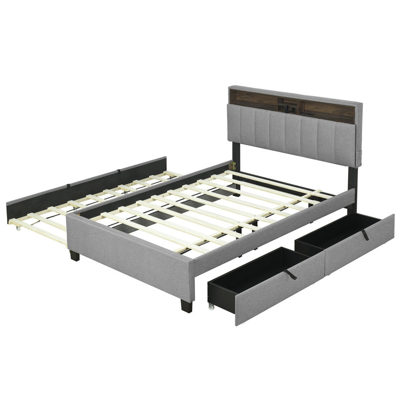 Lit plateforme tapissier pleine grandeur avec tête de lit, gigogne simple, 2 tiroirs et prises USB, tissu en lin, gris, Gris
