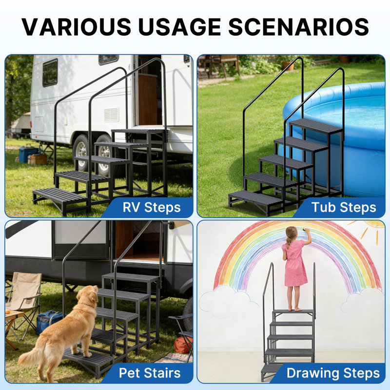 Gracie Oaks 2/3/4/5/6 Steps RV Step Ladder With Handrail With Non-Slip ...