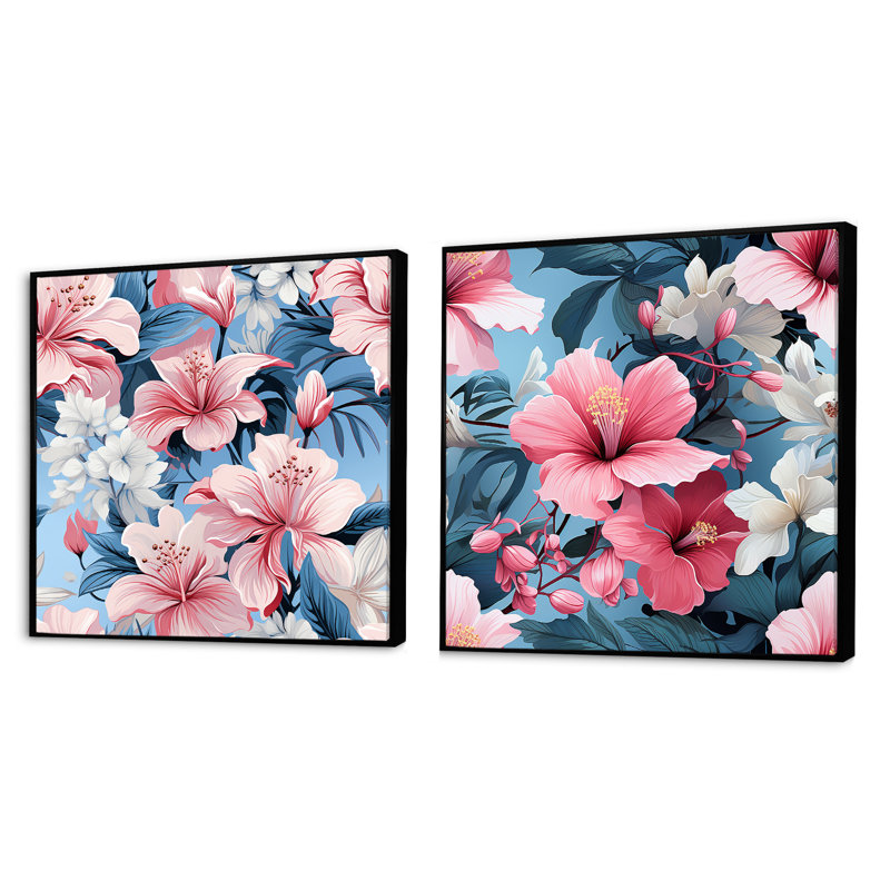 Tranquil Flora - motif tropical - ensemble de 2 collages floraux carrés, Cadre flottant noir, H 16 po x l 33 po