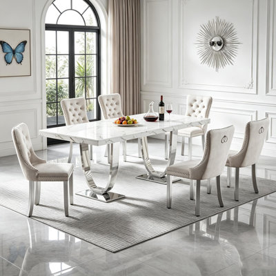 70.87" Modern Luxury Faux Marble Dining Table Set for 6, 7-Piece Kitchen Table Set with Unique Silver Dual Ring-Shaped Stainless Steel Base and 6 Beige Velvet Upholstered Dining Chairs, Marble Pattern Tabletop, Scratch/Stain-Resistant & Easy-Clean