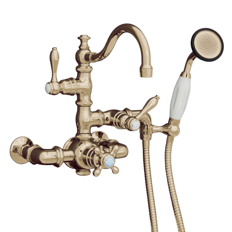 Thermostatic Wall Mount Tub Faucet with Handheld by Strom Living, Unlacquered Raw Brass