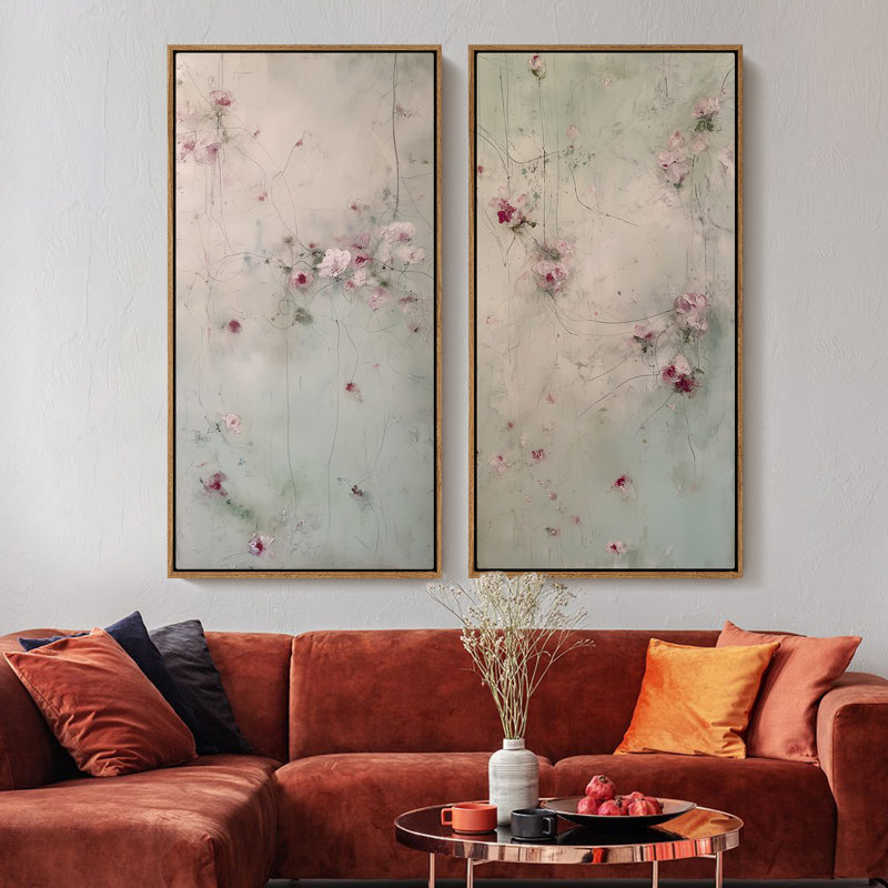 Doux jardin floral abstrait en rose et menthe - ensemble de 2 reproductions d'art murales encadrées sur toile 60 po x 20 po x 2 pièces, 60 po x 30 po x 2 pièces