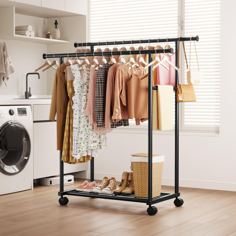 Porte-vêtements à double tringle avec rallonge fixe et roues universelles, Noir