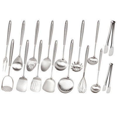 16-Piece Stainless Steel Kitchen Utensil Set, Professional 304 Grade Cooking Utensils With Ergonomic Handles, Includes Turner, Tongs, Ladle, Spoon, Fork, Dishwasher Safe
