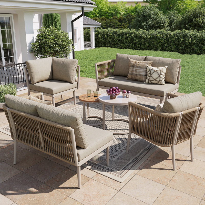 6 - Person Rope Garden Lounge Set Modular Sofa Set With Table, Beige