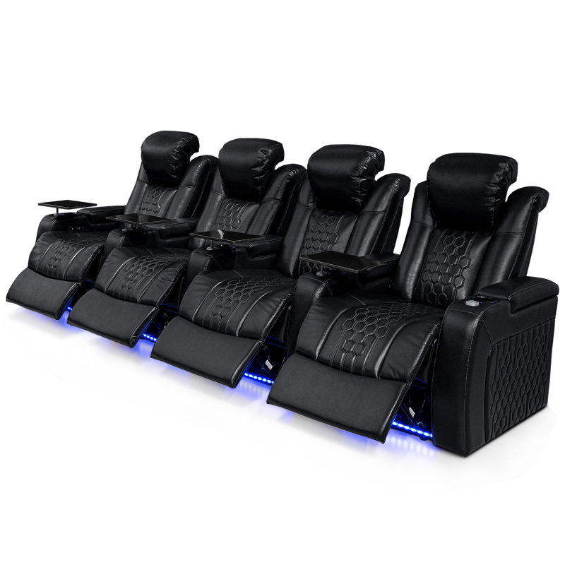 Chaise de cinéma maison en cuir véritable 4 pièces, noir, Noir