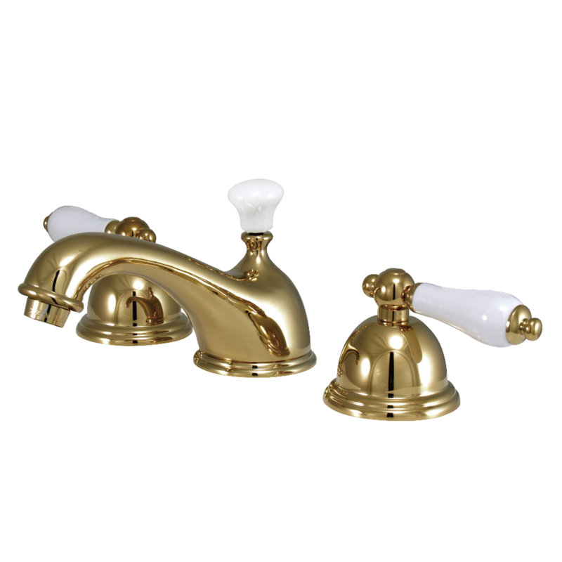 Kingston Brass Restoration Two-Handle 3-Hole Deck Mount Widespread Bathroom Faucet with Brass Pop-Up Drain, Polished Brass