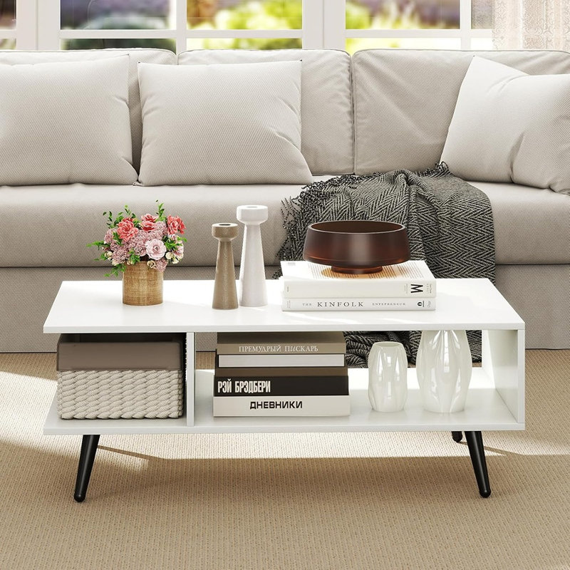 Table basse avec tablette de rangement ouverte, table de salon rectangulaire avec pieds fuselés en métal, brun rustique et blanc