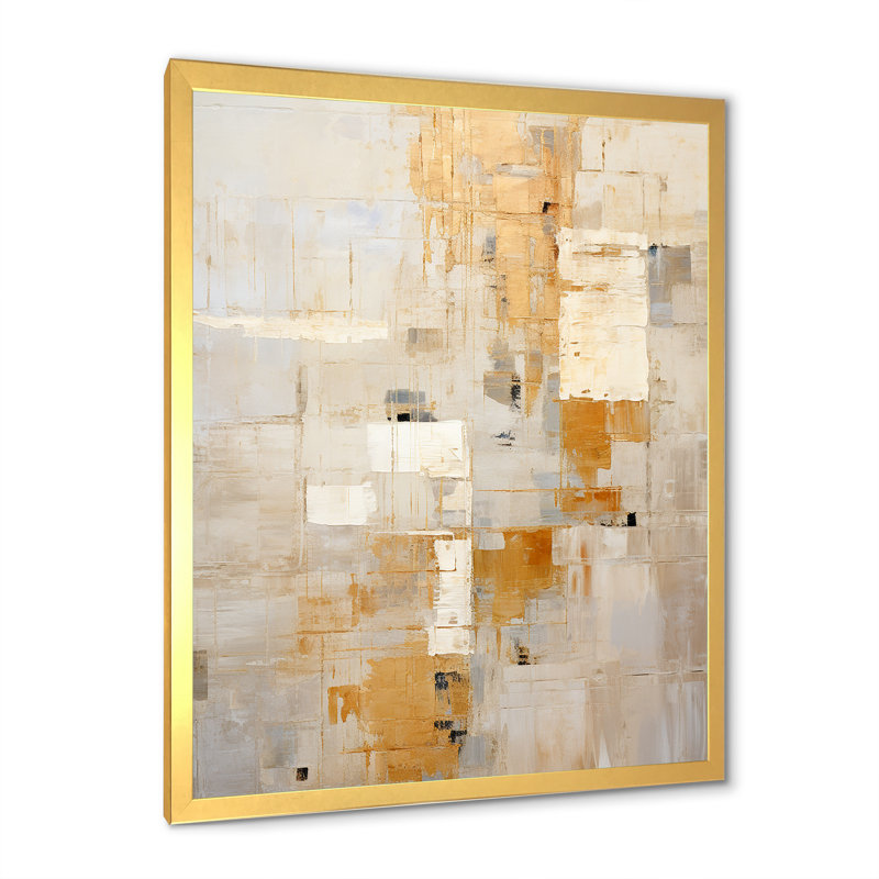 «Beige and Gold Dream Collage», art abstrait sur toile, formes abstraites, Cadre doré simple, H 40 po x l 30 po x P 1,5 po