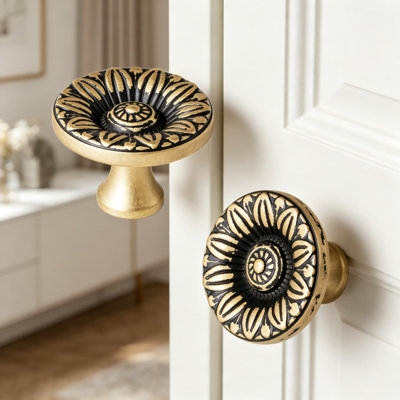 Distressed Gold Cabinet Knobs, Vintage Floral Sunburst Drawer Pulls, Solid Zinc Alloy Door Handles For Kitchen Cabinets, Dressers, And Wardrobe Hardware