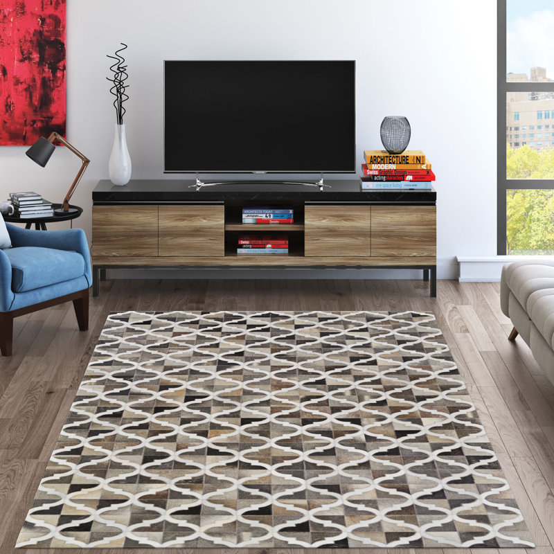 Handmade Geometric Trellis Chocolate Brown Genuine Cowhide Leather Area Rug, Rectangle 2' x 4'