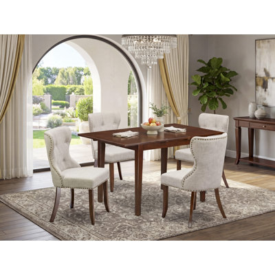 Ensemble de salle à manger 5 pièces comprenant une table de salle à manger rectangulaire avec des feuilles de papillon et 4 chaises de salle à manger Parson en toile de lin, acajou