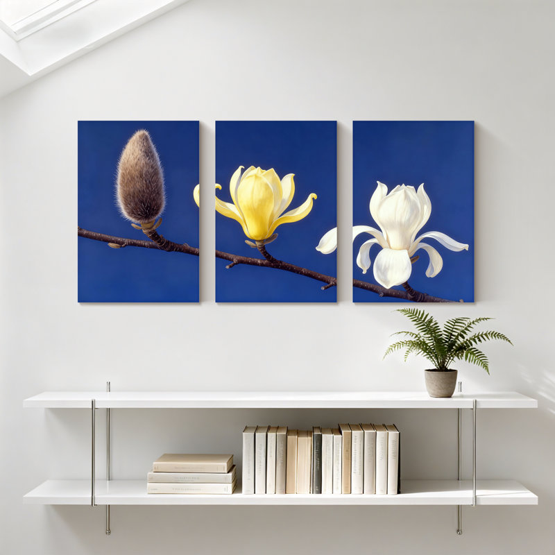 Magnolia «Magnolia Blossom Stages», ensemble de 3 impressions sur toile, fond bleu, H 18 po x l 36 po