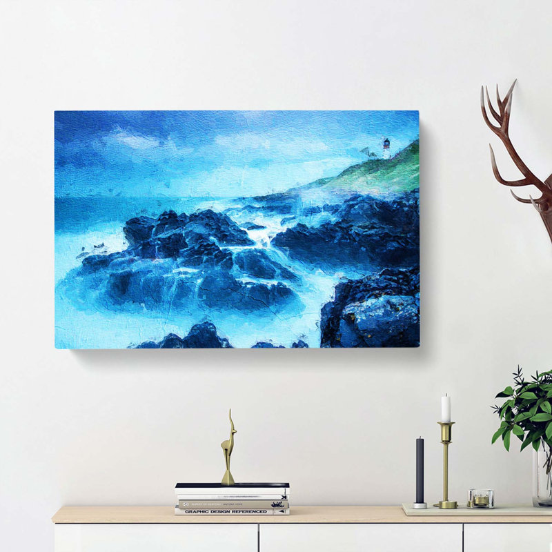 Lighthouse On A Hill With Seascape - Wrapped Canvas Painting, 40cm H x 60cm W x 3cm D