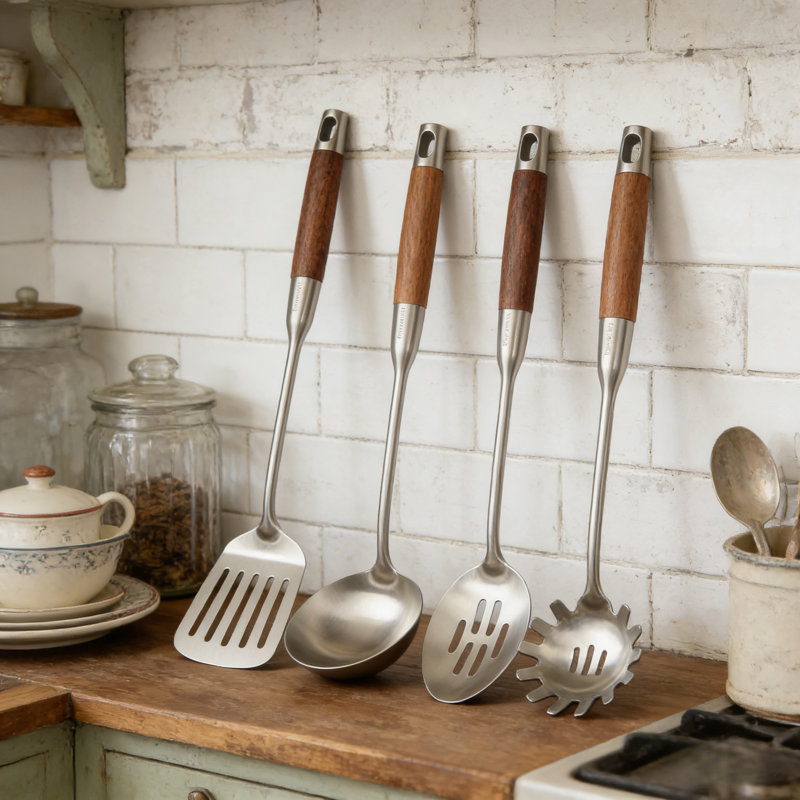 Ensemble d'ustensiles de cuisine 4 pièces en acier inoxydable avec poignées en bois Barenthal - Outils de cuisine professionnels et haut de gamme