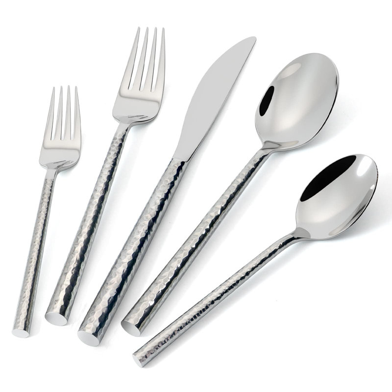 Service de couverts 60 pièces en acier inoxydable 18/10 pour 12 personnes avec poignées martelées polies miroir, couverts allant au lave-vaisselle