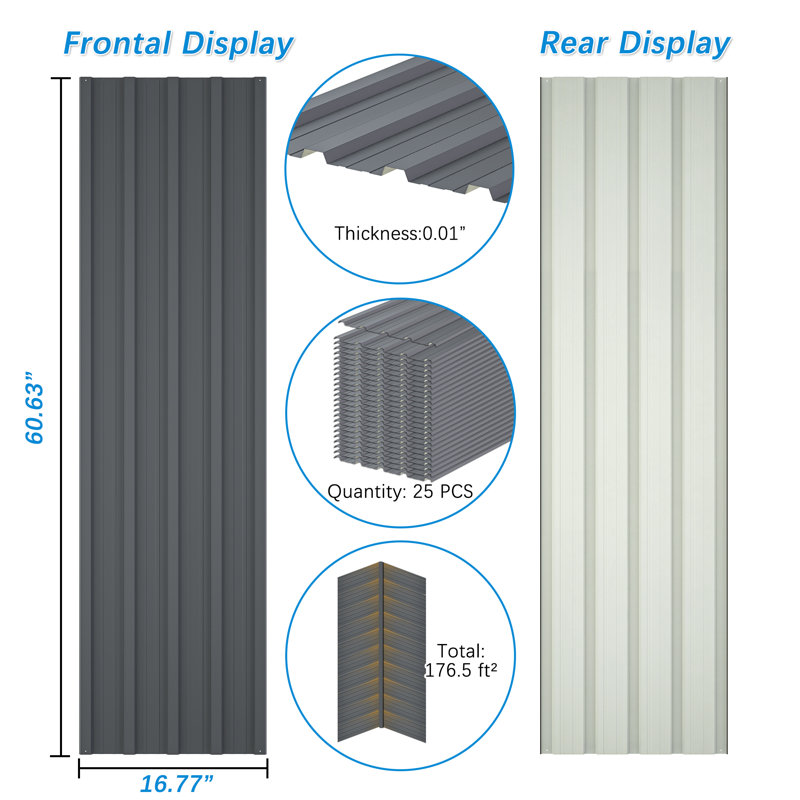 Roof Panels Galvanized Steel Hardware Roofing Sheets, 16.77" W x 60.63" L, Gray