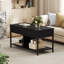 Table basse à plateau relevable avec plateau en bois, avec tablettes et compartiments de rangement, idéale pour les salons et les bureaux.-296601570