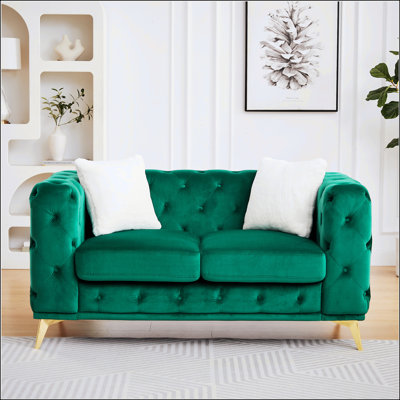61.25-Inch Modern Luxury Velvet Sofa With Chesterfield Quilted Button Accents, Includes 2 Pillows And Metal Legs