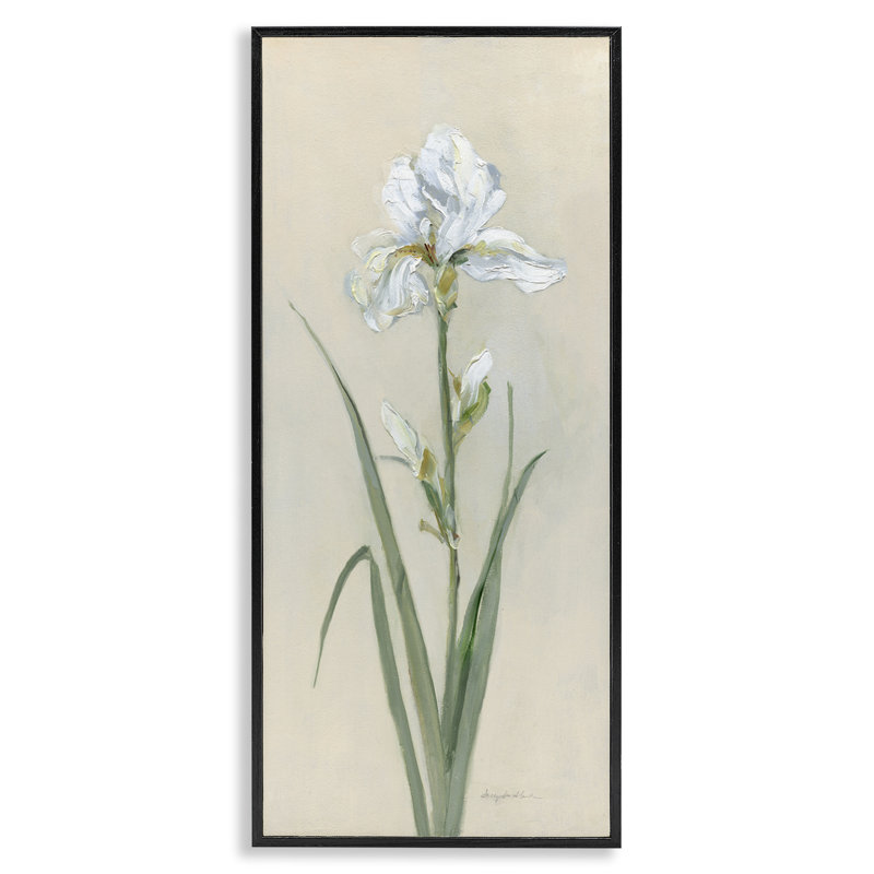 Iris blanc sur beige, estampe numérique encadrée par Sally Swatland, H 24 po x l 10 po, Giclée encadrée noir minuit