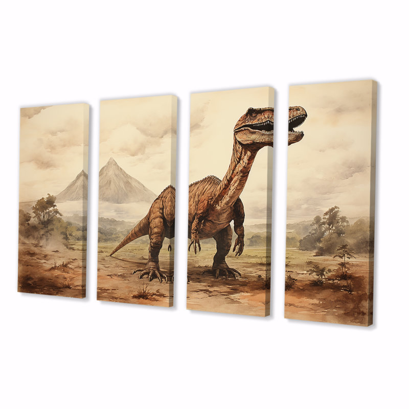 «Dinosaur Vintage Landscape I - Dinosaur Vintage», art mural 4 pièces pour le salon, H 28 po x l 48 po