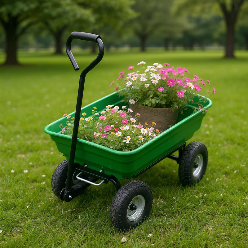 Chariot de jardin à 4 roues avec support intégré, chariot utilitaire robuste pour travaux de jardinage, plantation et transport extérieur, vert