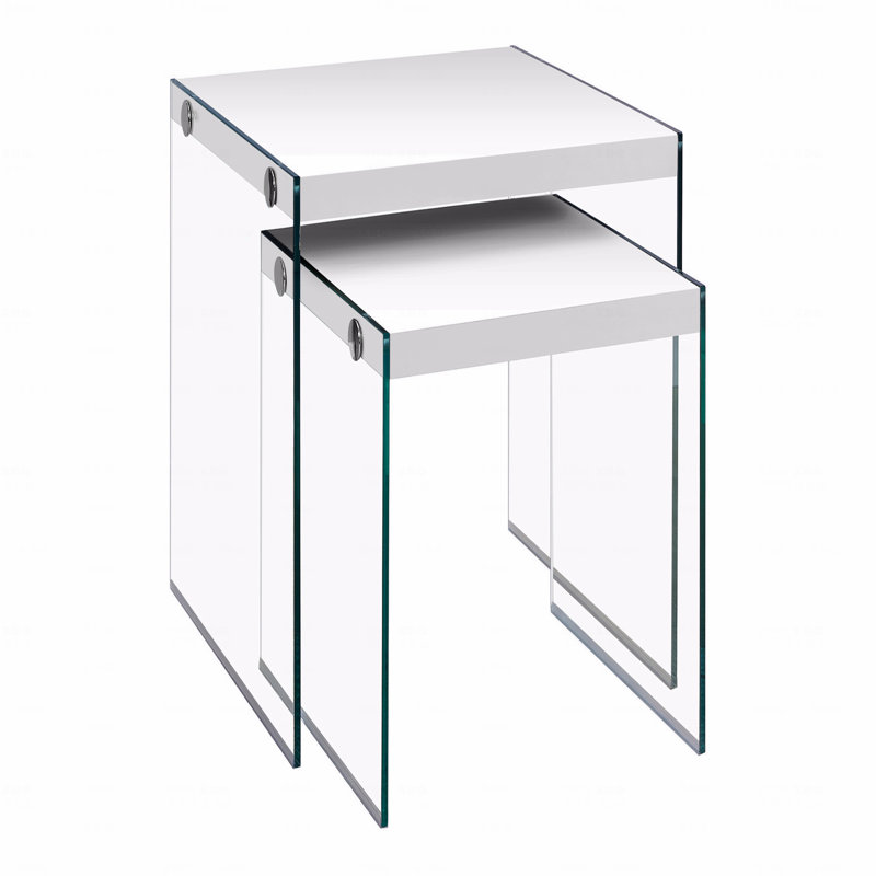 Ensemble de 2 tables gigognes, latérales, bout, décor, stratifié brillant, verre trempé transparent, contemporain, moderne