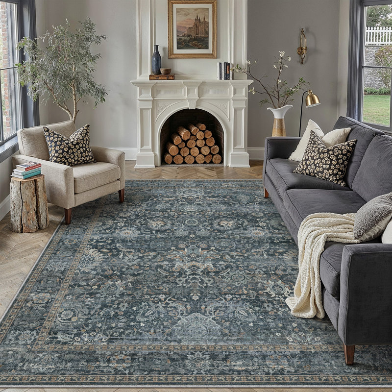 Tapis beige / brun / bleu Aurelia, Blue, Rectangle 6'x 9'