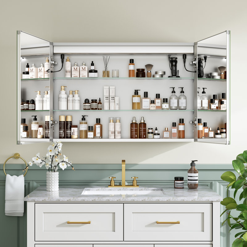 Recessed or Surface LED Mirror Medicine Cabinet, Defogger, Touch Sensor, 3 Colors, Dimmer, Outlets and USBs