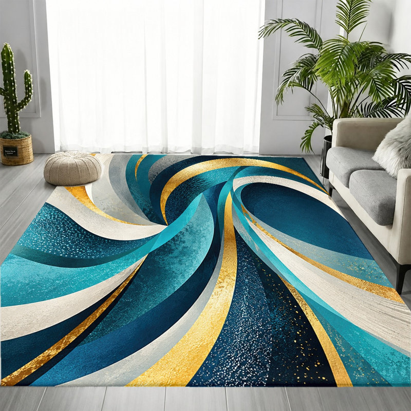 Tapis d'intérieur en velours à motifs abstraits de vagues bleues, dorées et blanches, style moderne, avec dos antidérapant. Décor élégant pour salon, chambre, cuisine, balcon ou appartement.