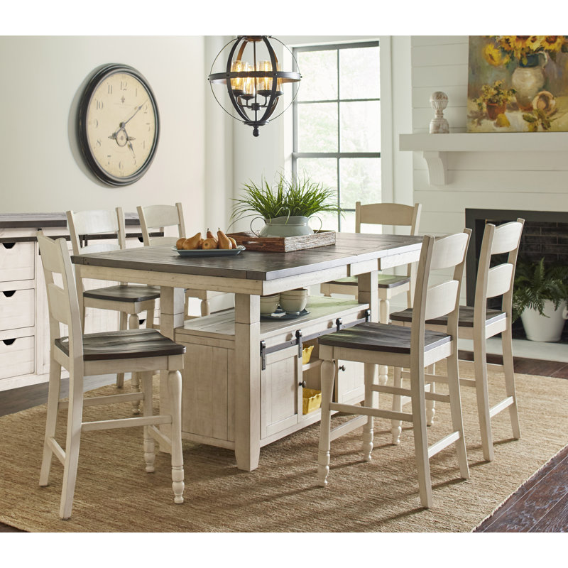 Ensemble de salle à manger à hauteur de comptoir en bois massif avec buffet Hebden, Blanc vintage