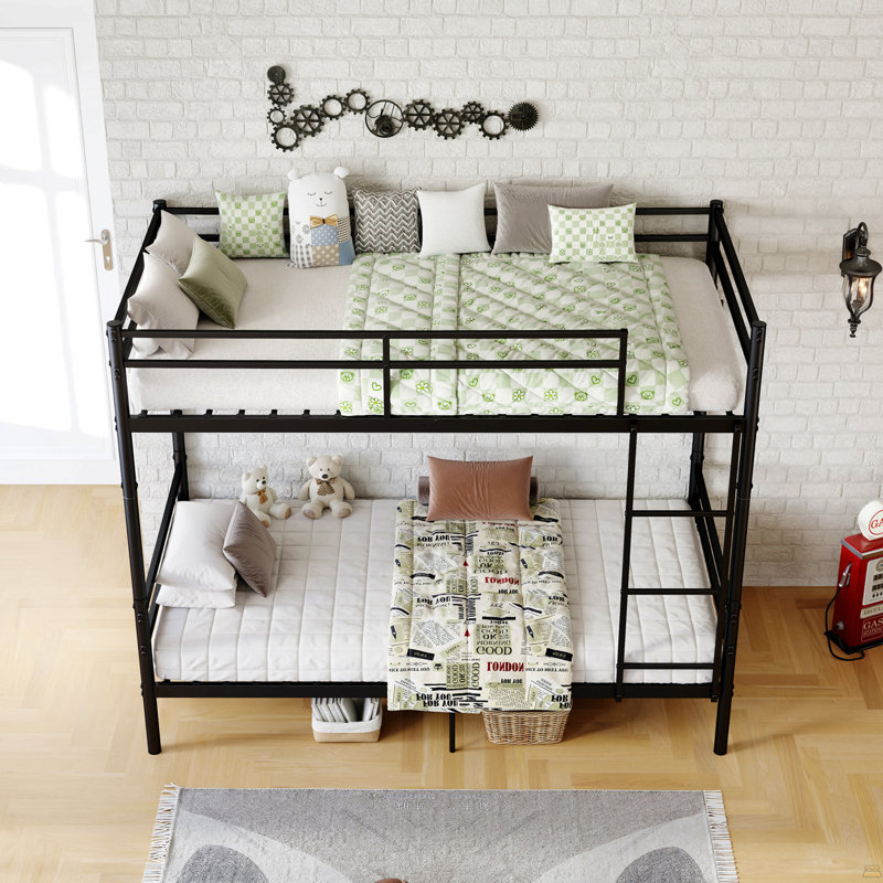 Lit superposé avec échelle et lit superposé en métal à garde-corps haut, espace de rangement, silencieux, taille simple sur simple, noir