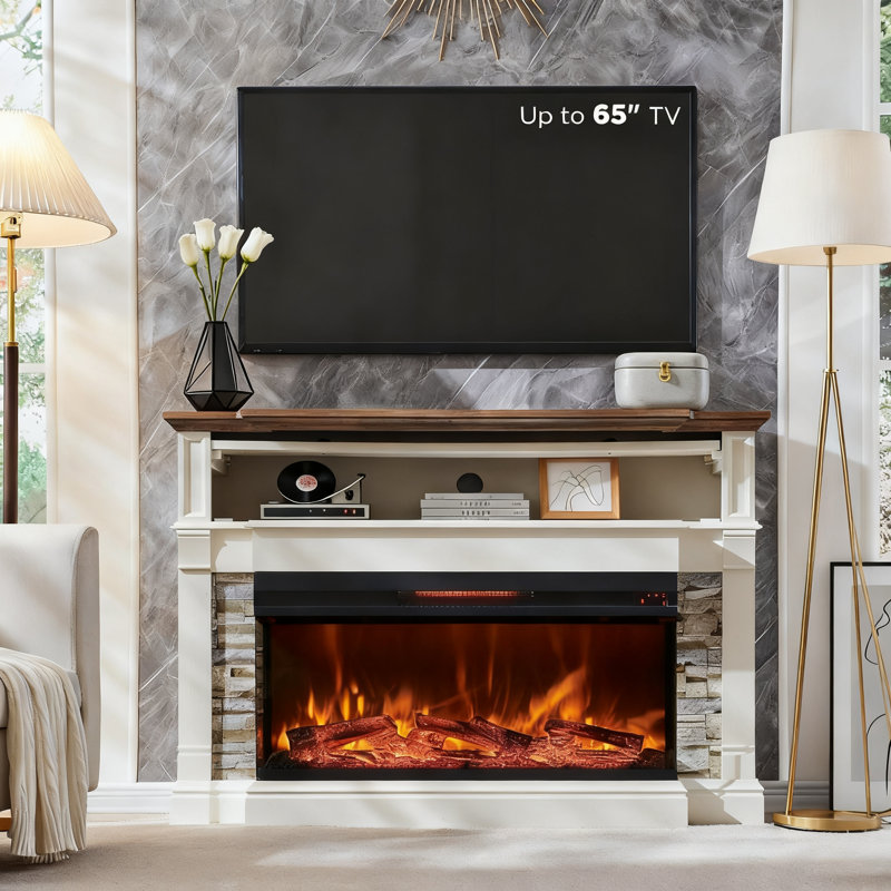 Meuble télé 52 po avec foyer électrique et vitre à 3 côtés, Blanc