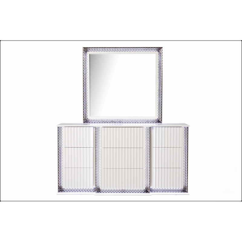 Miroir Fabio de style contemporain avec accents latéraux à motif de losanges et éclairage à DEL intégré pour les intérieurs modernes