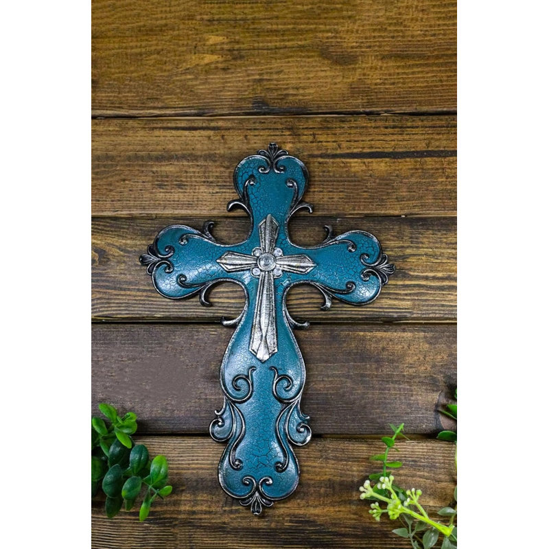 Croix murale de style sud-ouest rustique fleur de lys en turquoise