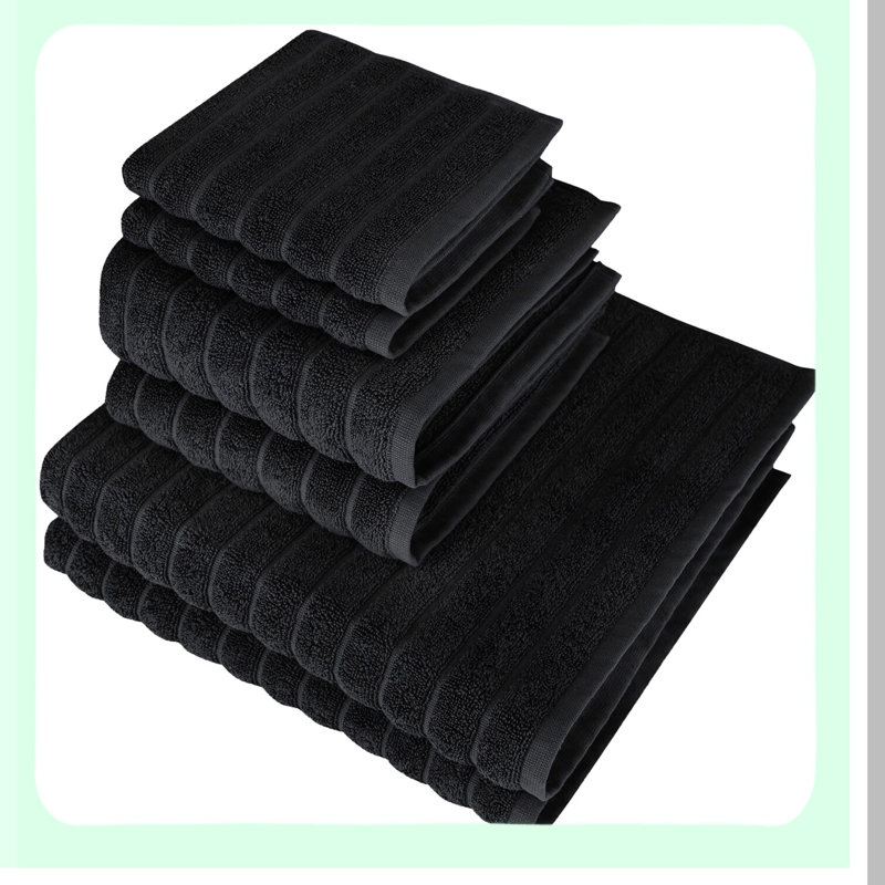 Ultimate Quick-Dry Cotton Towel Set - 6 Piece Luxury Collection: 2 Bath, 2 Hand, 2 Washcloths, Soft & Absorbent, Black